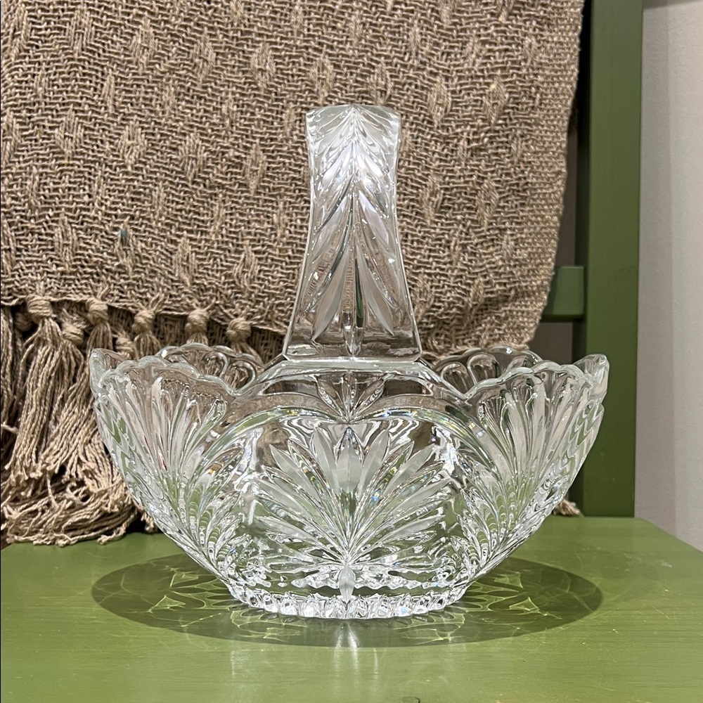 Vintage Crystal Glass Basket with Handle - Cut Glass Centerpiece